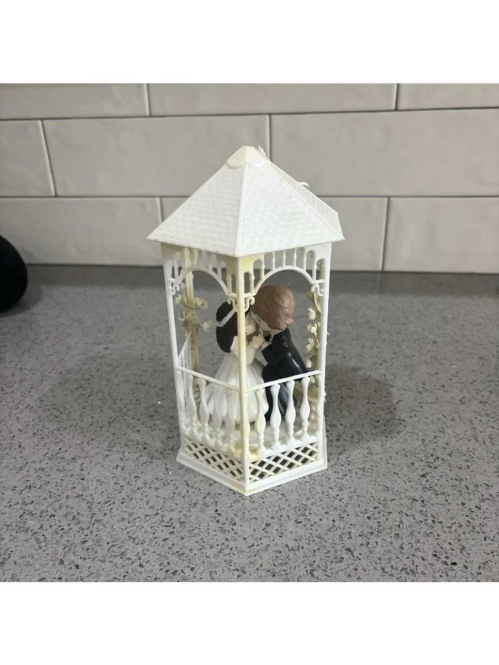 Vintage Cake Topper Cute Bride Broom Arbor Doves White Floral Wedding